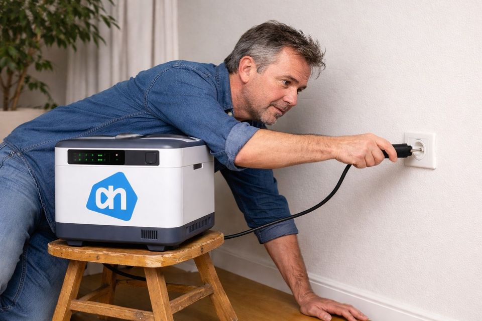 Consument neemt thuisbatterij van Albert Heijn in gebruik (AI gegenereerd)