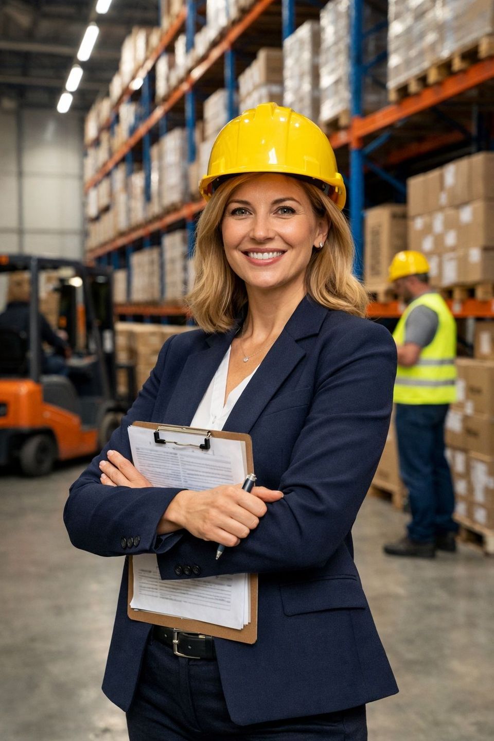 Professional in magazijn. Afbeelding gemaakt met AI