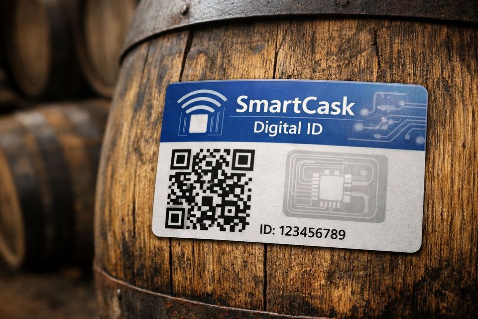 Whiskyvat met rfid (AI gegenereerd)