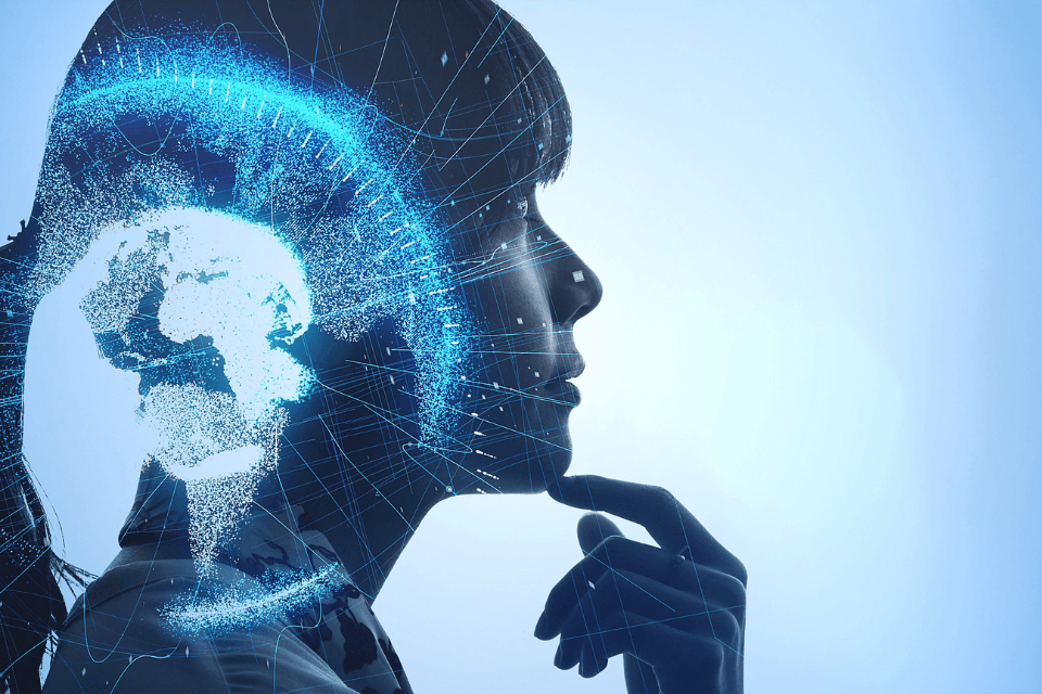 Wereldbol die data uitstraalt naar hoofd persoon