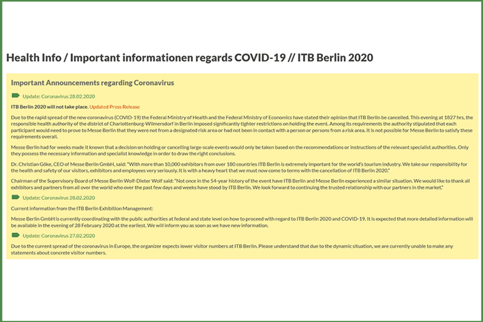 ITB 2020 geannuleerd berichtgeving