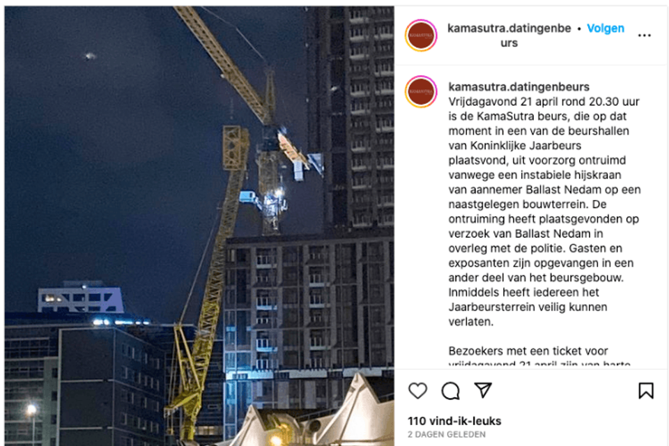 Instagram post van de organisator van de KamaSutra beurs over de ontruiming