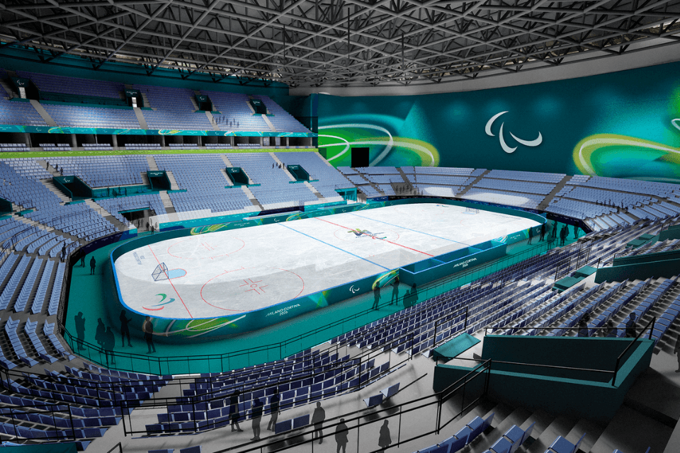 Rendering IJshockey stadion Olympische Winterspelen 2026 in Milaan