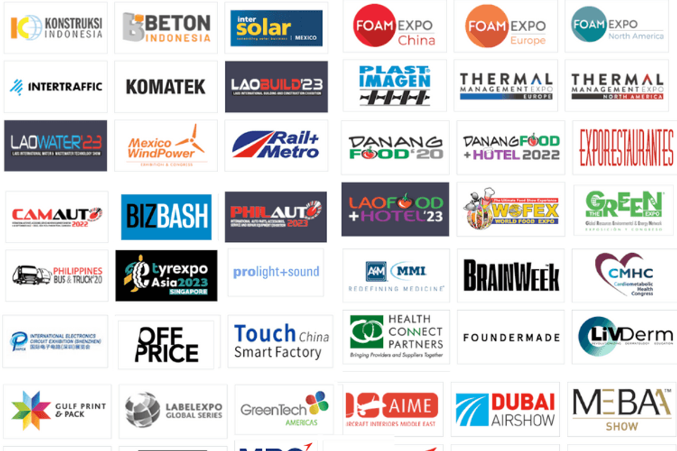 Overzicht met beurslogo's van Tarsus Tradeshows